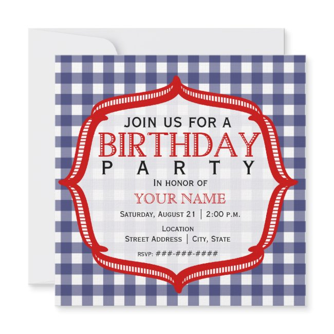 Blue Gingham With Red - Birthday Party Invitation