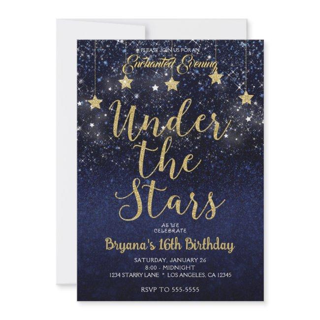Blue Gold Under The Stars Starry Night Sweet 16 Invitation