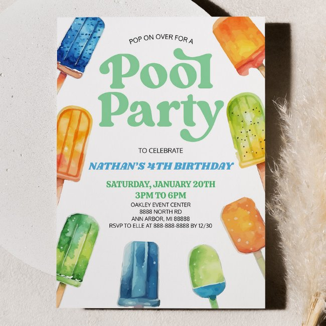 Blue Green Pool Party Popsicle Birthday Party Invitation