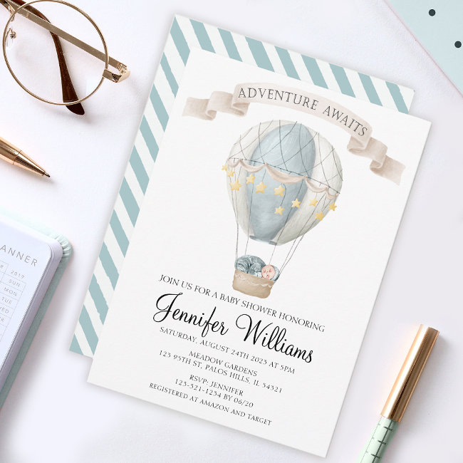 Blue Hot Air Balloon Baby Boy Shower Invitation