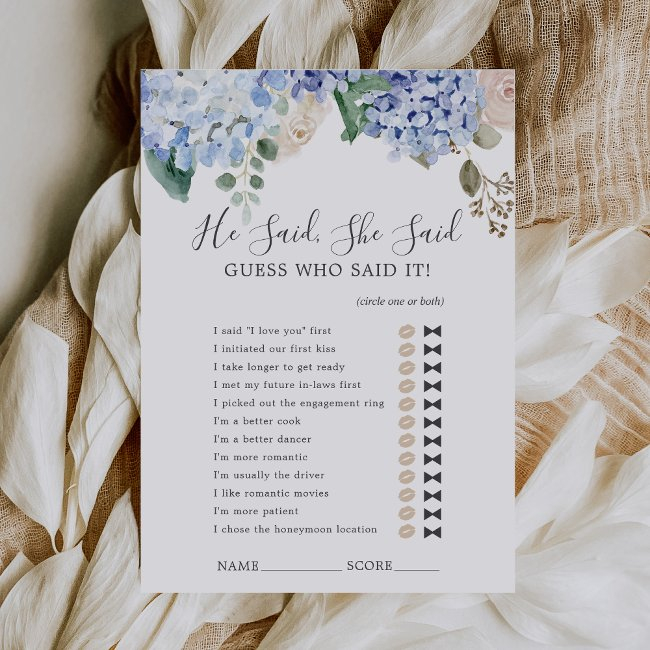Blue Hydrangea He Said She Said Shower Game Invitations