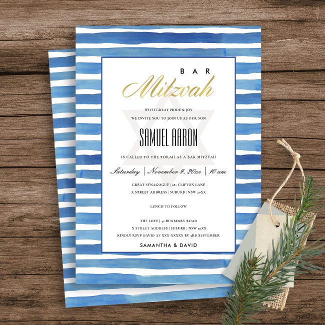 Blue Indigo Stripes Pattern Bat Bar Mitzvah Invite