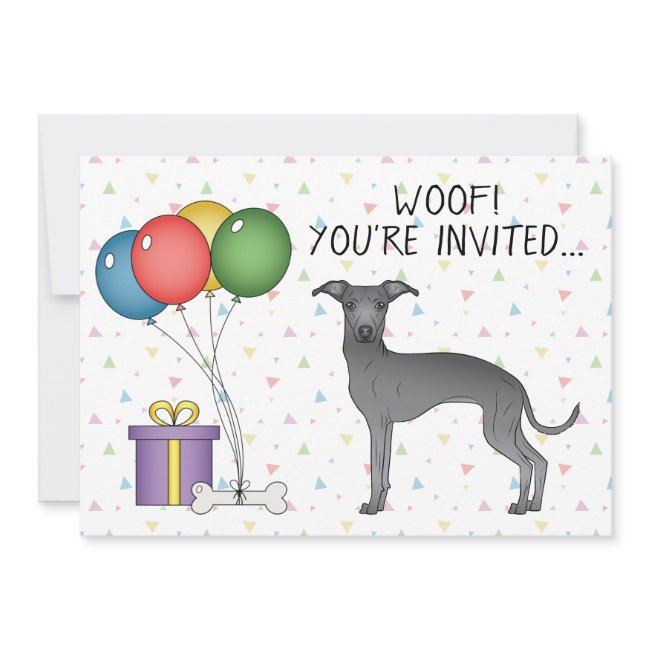 Blue Italian Greyhound Cute Cartoon Dog Birthday Invitation