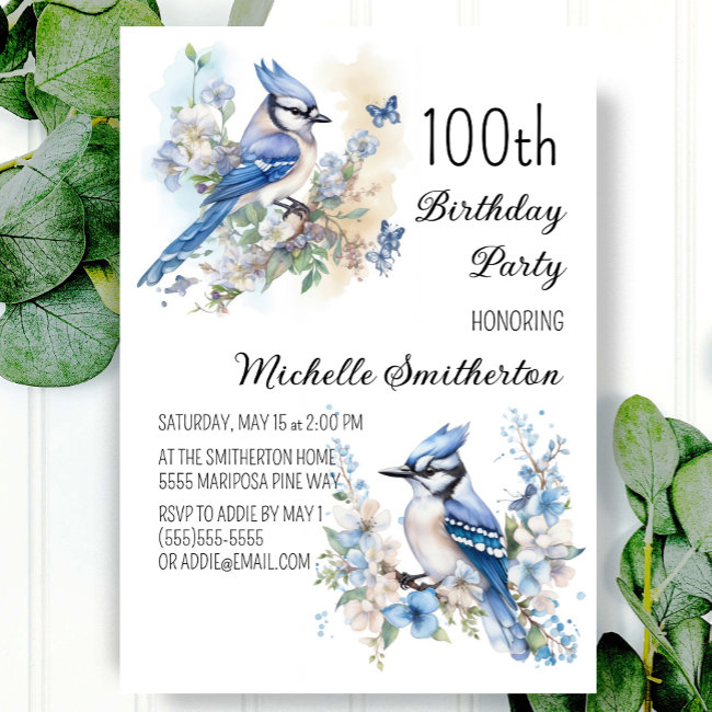Blue Jay Bird Flowers Springtime 100th Birthday Invitation