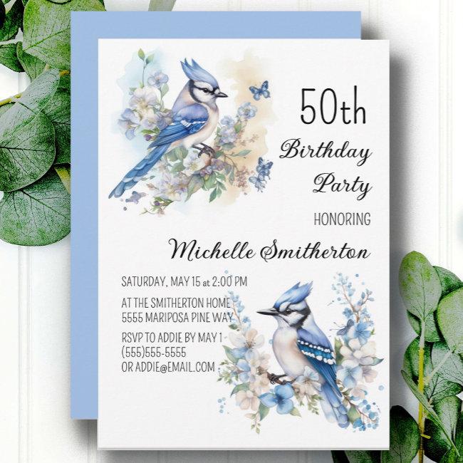Blue Jay Bird Flowers Springtime 50th Birthday Invitation