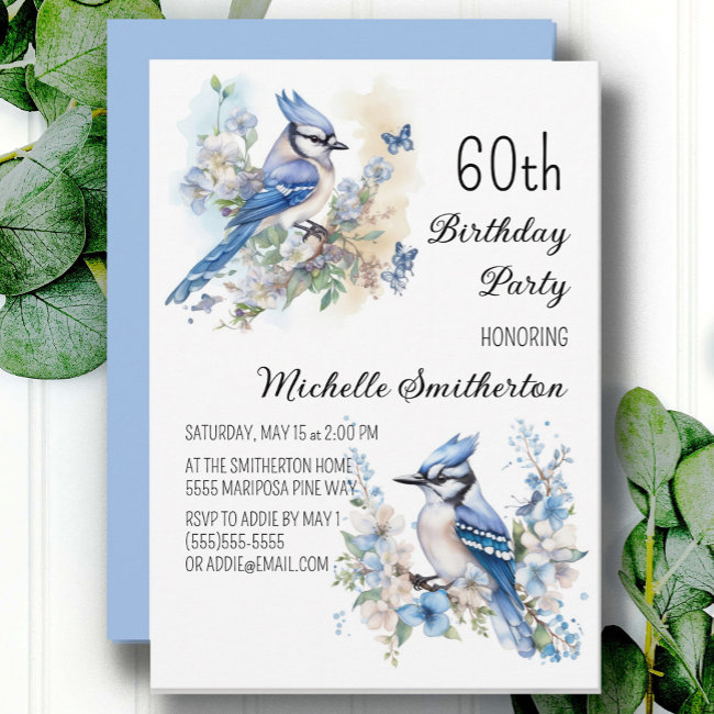 Blue Jay Bird Flowers Springtime 60th Birthday Invitation