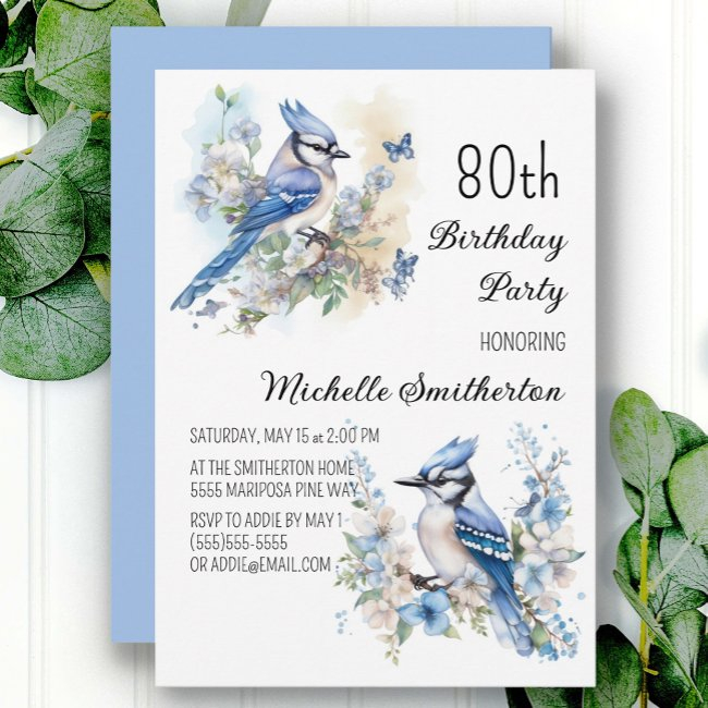 Blue Jay Bird Flowers Springtime 80th Birthday Invitation