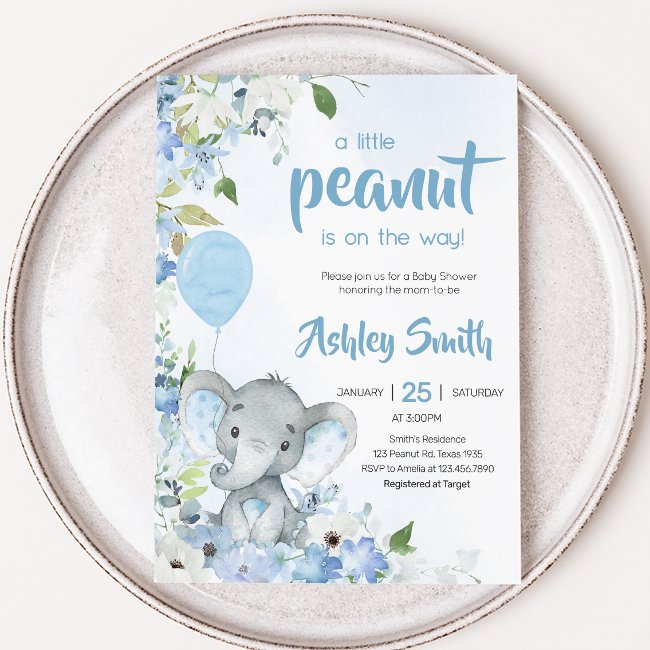 Blue Little Peanut Elephant Baby Shower Invitation