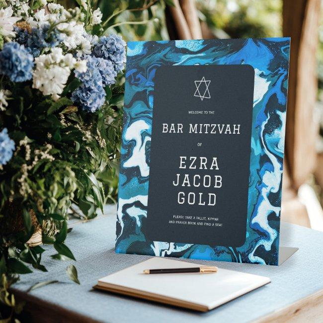 Blue Marble Star Of David Custom Bar Bat Mitzvah Pedestal Sign