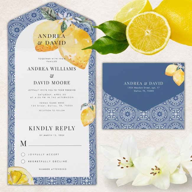 Blue Mediterranean Italian Tile & Lemon Wedding All In One Invitation