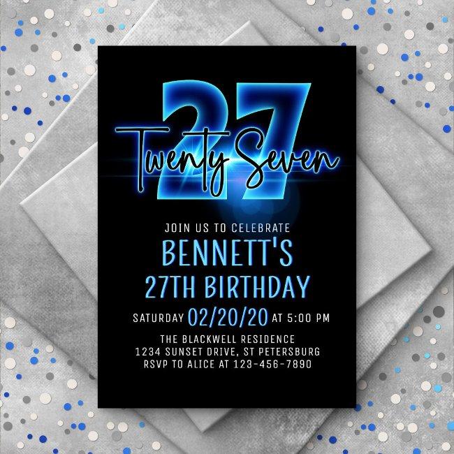 Blue Neon 27th Birthday Invitation