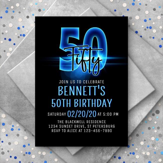 Blue Neon 50th Birthday Invitation