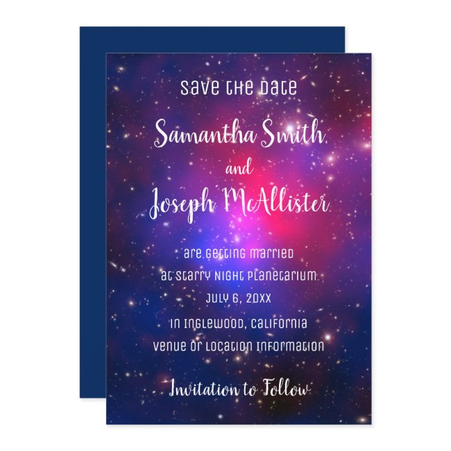 Blue Pink And Purple Space Image Save The Date Invitation
