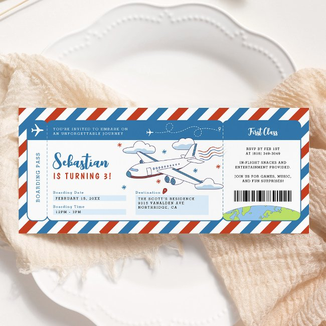 Blue Plane Boarding Pass Birthday Ticket Invitation