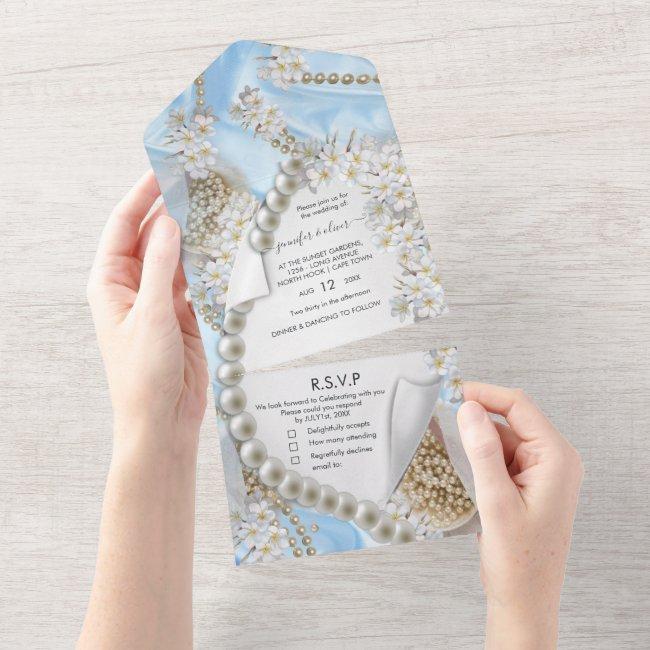 Blue Silk And Pearls All In One Wedding Invite