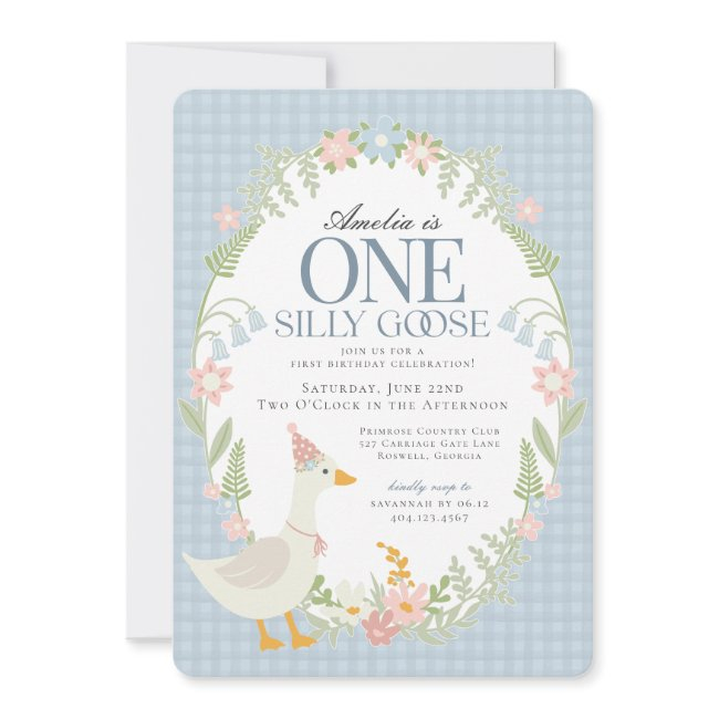 Blue Silly Goose Floral Gingham First Birthday Invitation