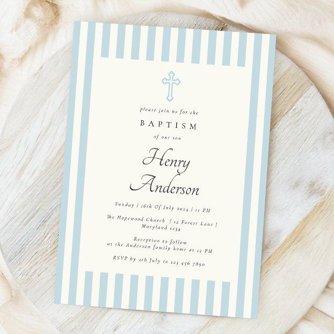 Blue Stripes Elegant Baptism Orthodox Cross Invitation