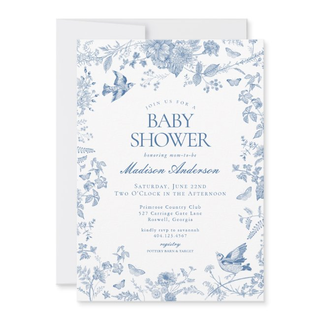 Blue Toile De Jouy French Floral Baby Shower Invitation