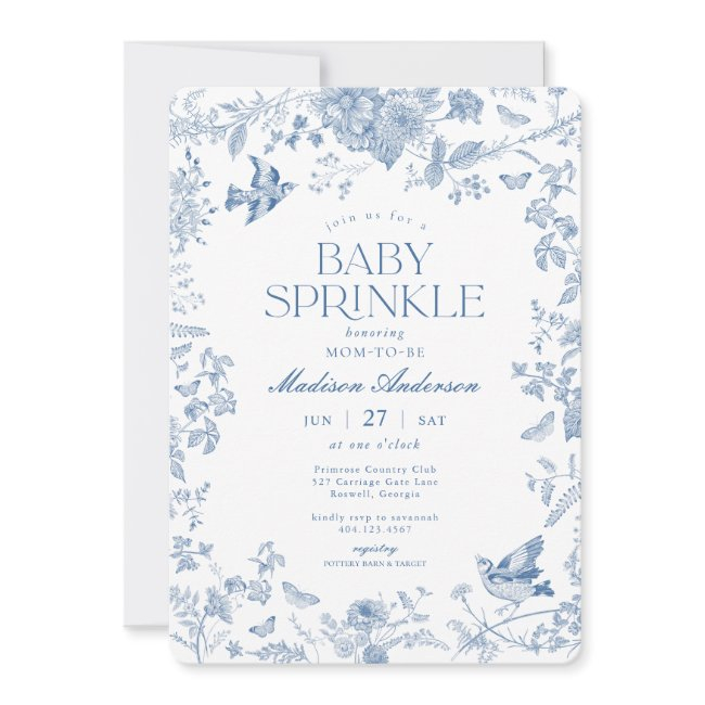 Blue Toile De Jouy French Floral Baby Sprinkle Invitation