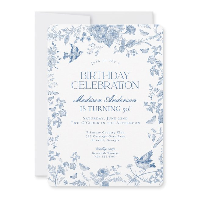Blue Toile De Jouy French Floral Birthday Party Invitation