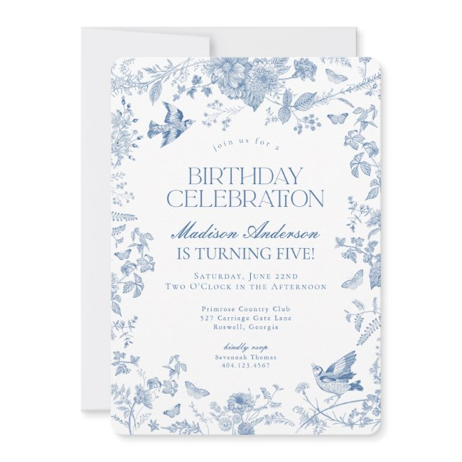 Blue Toile De Jouy French Floral Birthday Party Invitation