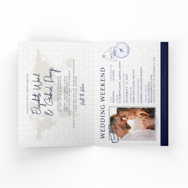 Blue Travel Passport Destination Wedding Invitation