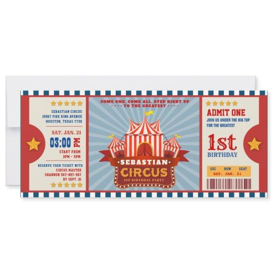 Blue Vintage Circus Ticket Entrance First Birthday Invitation