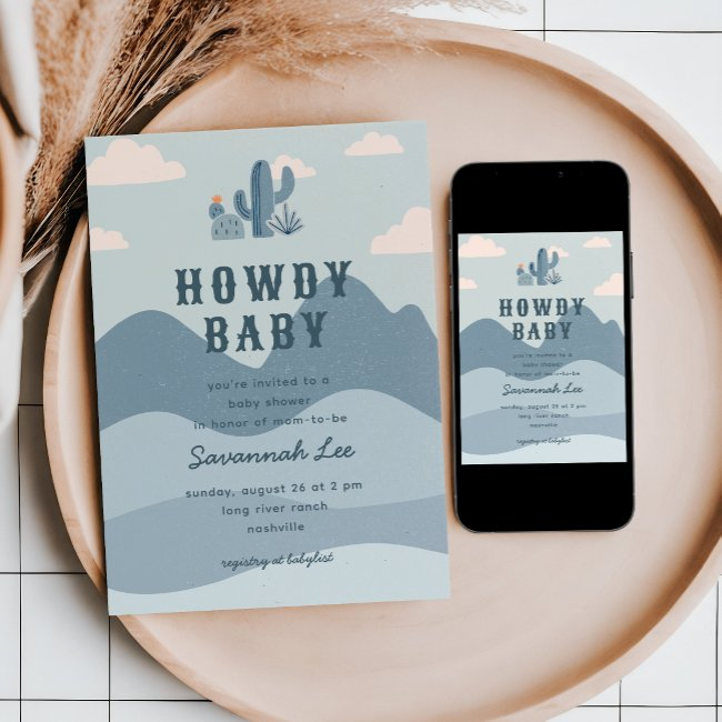 Blue Western Desert Cactus Baby Shower Invitation