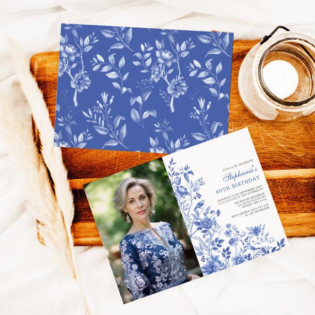 Blue White Chinoiserie Women 40th Birthday Photo Invitation
