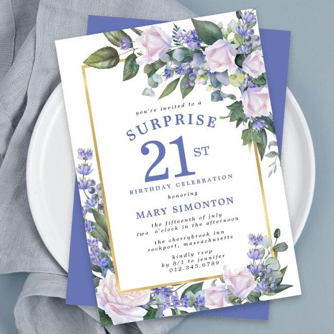 Blue White Floral 21st Birthday Surprise Party Invitation