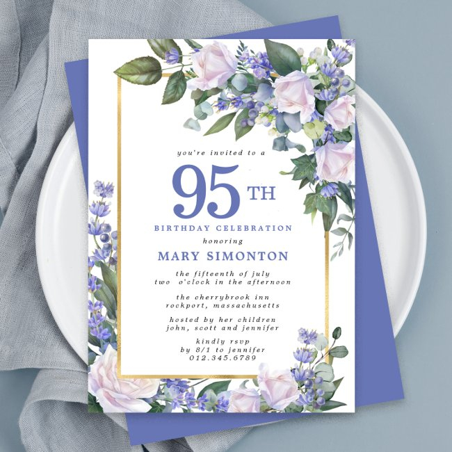 Blue White Gold Floral 95th Birthday Invitation