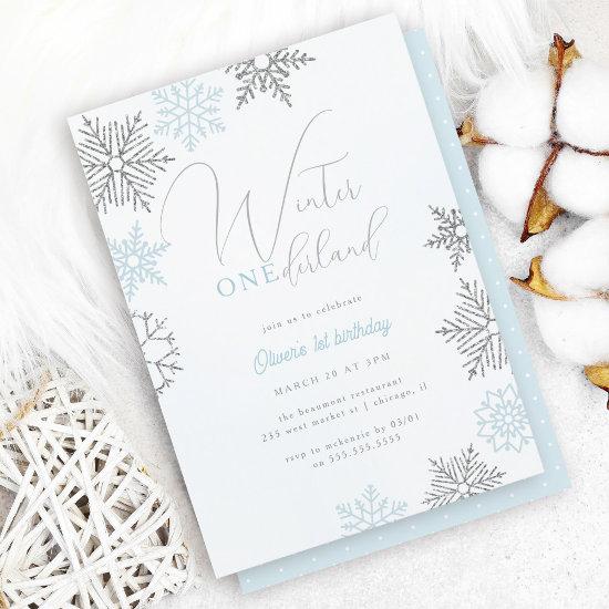 Blue Winter Onederland Silver Glitter 1st Birthday Invitation