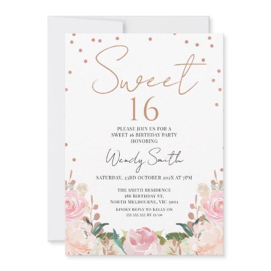 Blush Boho Floral Rose Gold Sweet 16 Birthday Invitation