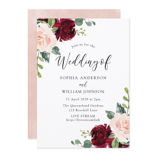 Blush & Burgundy Wedding Live Stream Option Invitation