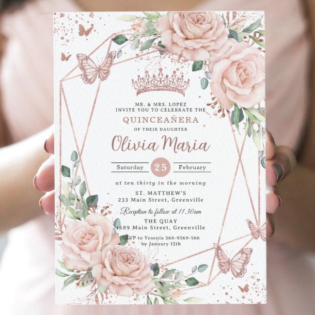 Blush Floral Butterflies Rose Gold Quinceañera Invitation