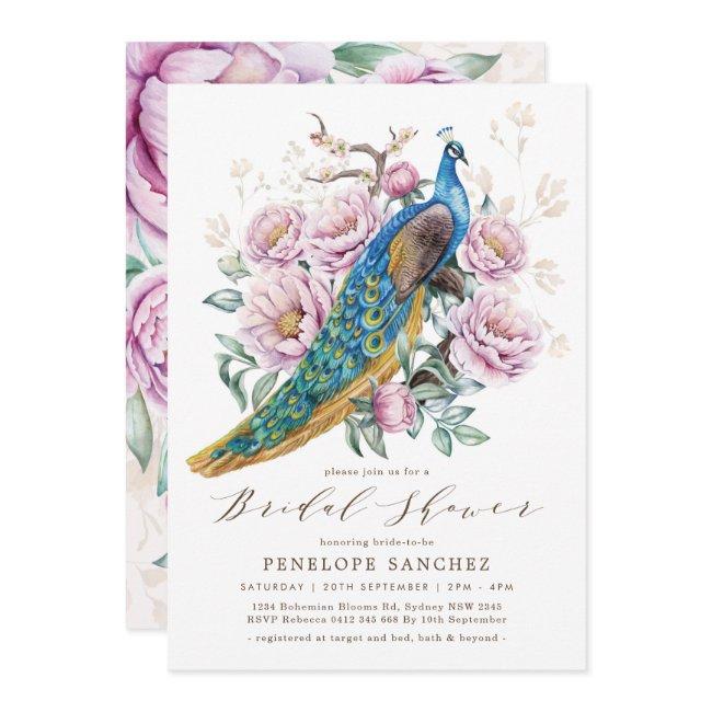 Blush Floral Peacock Chinoiserie Bridal Shower Invitation
