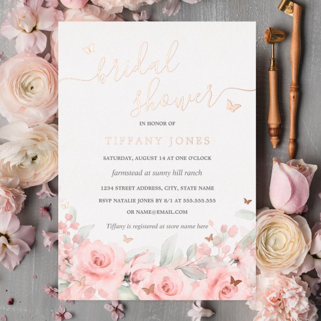 Blush Floral Rose Gold Butterfly Bridal Shower Foil Invitation