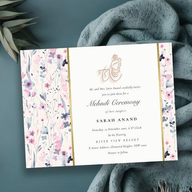 Blush Gold Floral Krishna Indian Wedding Mehndi Enclosure Invitations