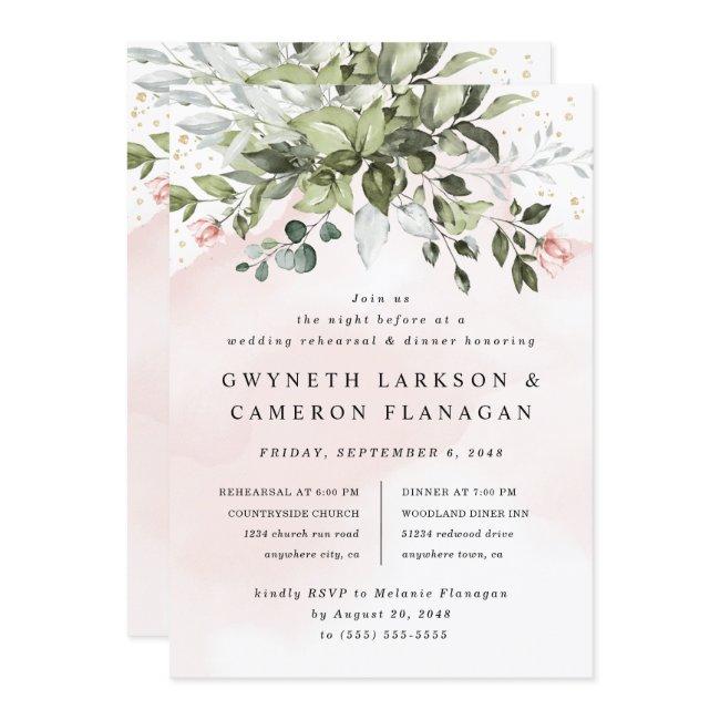 Blush Gold Greenery Dusty Blue Rehearsal Dinner Invitation