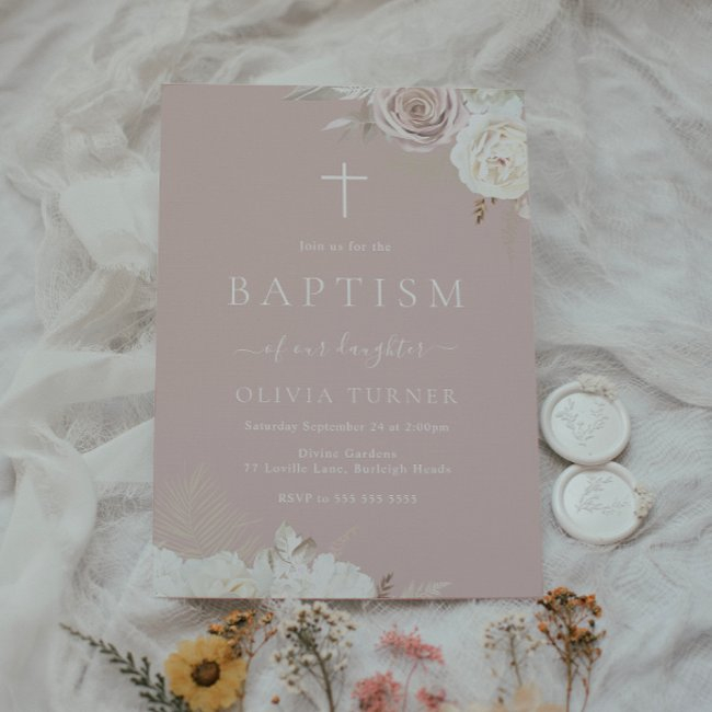 Blush & Ivory Floral Dusty Pink Baptism Invitation