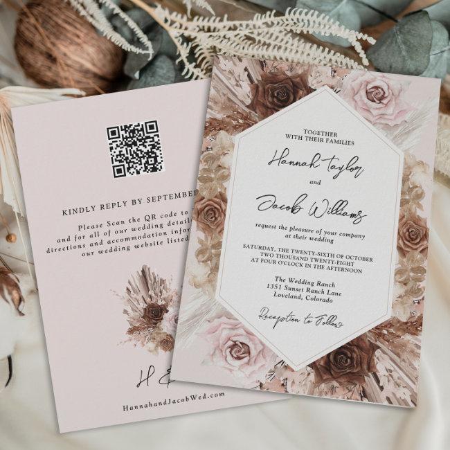 Blush Pink Boho Pampas Grass Qr Code Rsvp Wedding Invitation