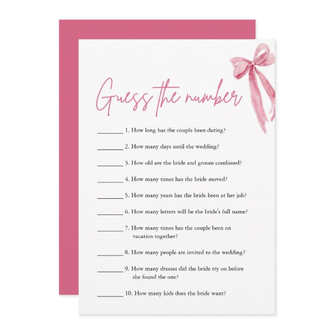 Blush Pink Bow Guess The Number Bridal Shower Game Invitation