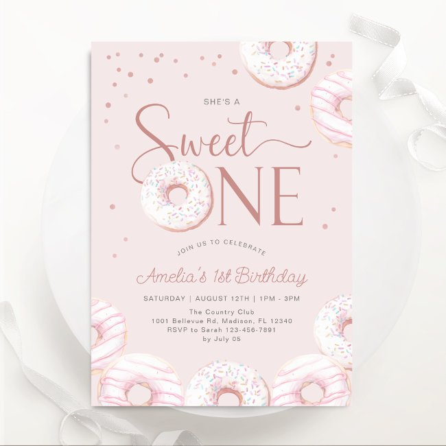 Blush Pink Donuts Sweet One 1st Birthday Invitation