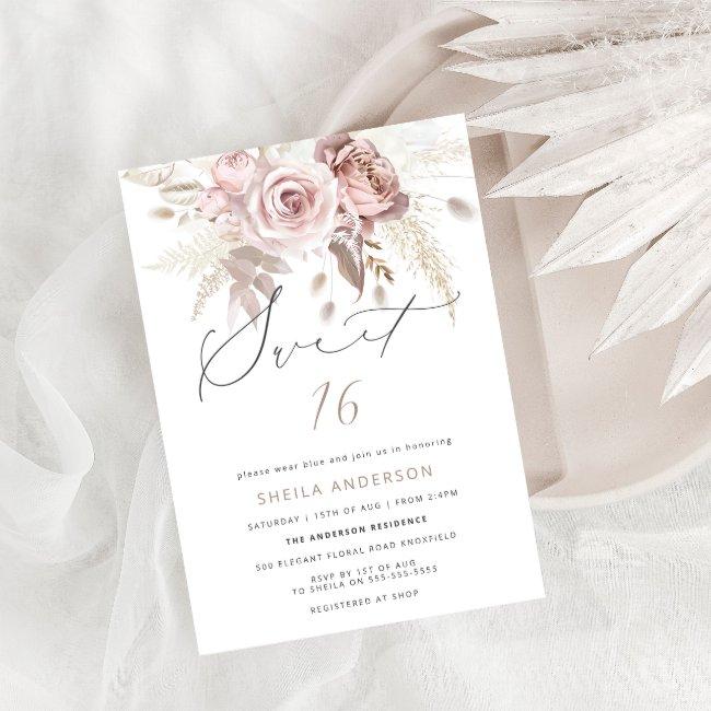 Blush Pink Dusty Rose Floral Sweet 16 Birthday Invitation