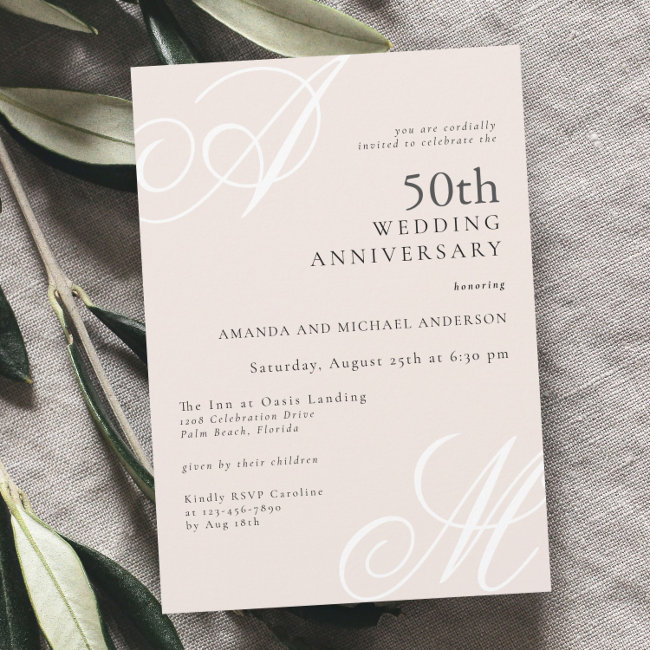 Blush Pink Elegant Monogram 50th Anniversary Invitation