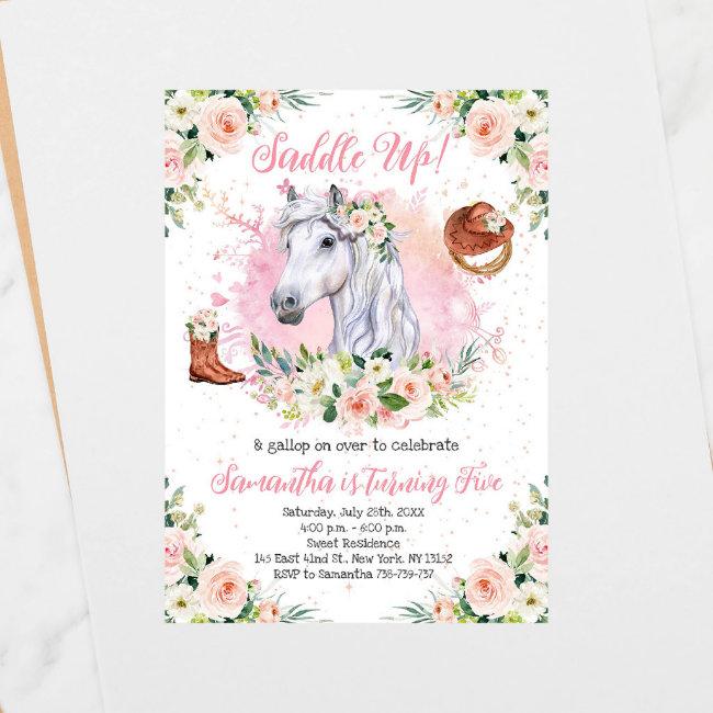 Blush Pink Floral Girl Horse Birthday Party Invitation