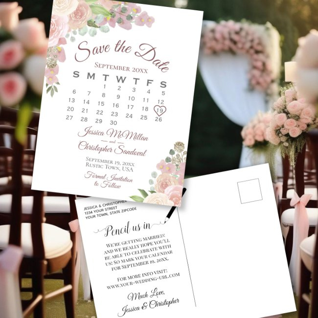 Blush Pink Floral Wedding Save The Date Calendar Announcement Postinvitations