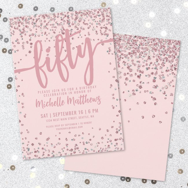 Blush Pink Glitter 50th Birthday Invitation
