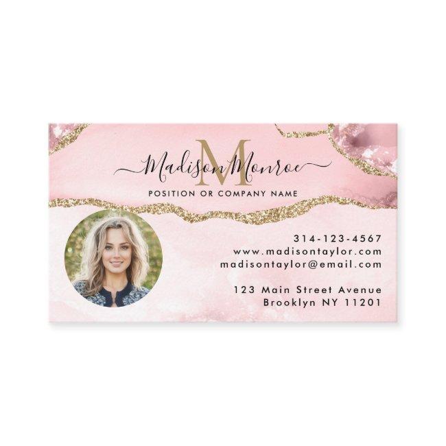 Blush Pink Gold Glitter Logo Photo Agate Monogram Business Invitations
