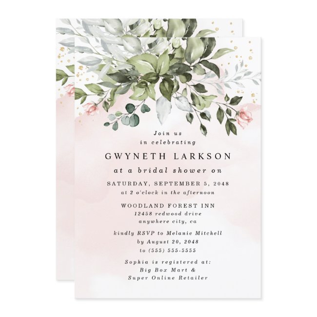 Blush Pink Gold Greenery Dusty Blue Bridal Shower Invitation